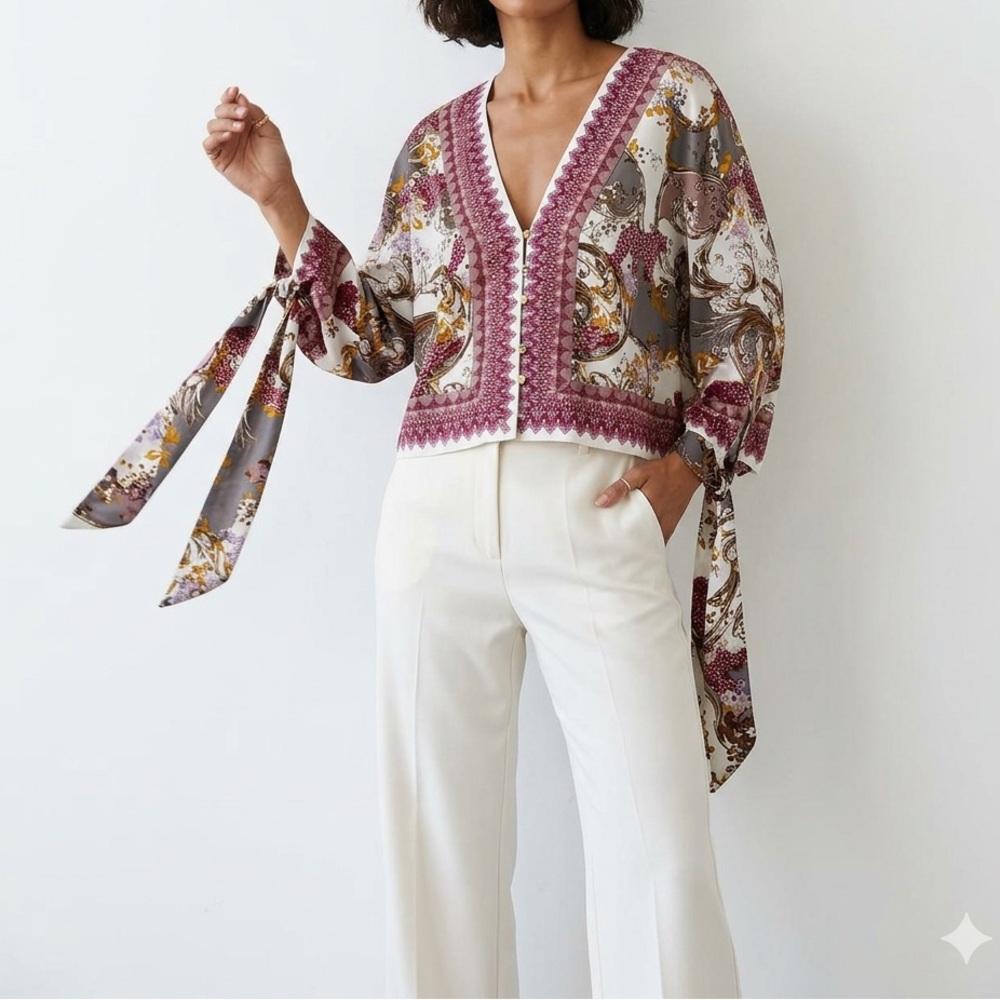 Free People White and Burgundy Printed Wrap Blouse